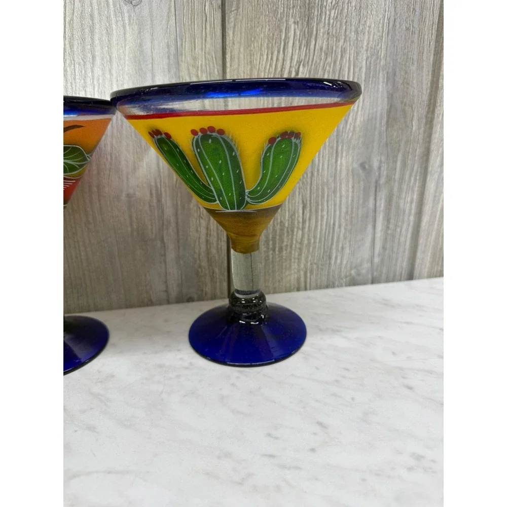 Set of 4 Hand Painted Mexican Martini Glasses Cozumel Cobalt Blue Rim 7in